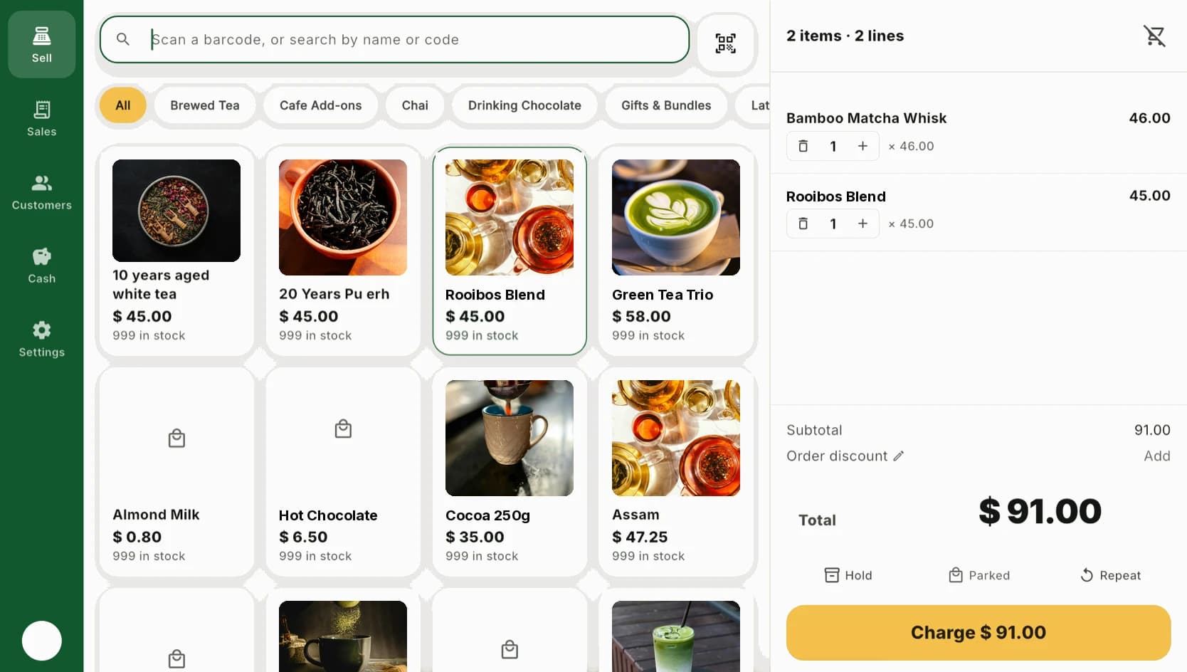The Posh Too till: a grid of teas with photos and a two-line cart charging $91.00